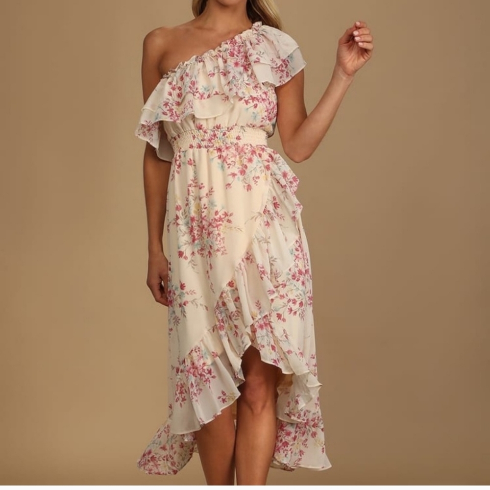Lulu's All Sweet Cream Floral Print Ruffle One Shoulder Dress Midi